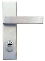 Poignée Simon sur plaque en aluminium brossé.